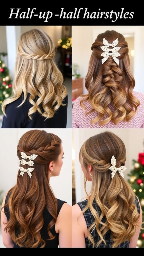 Collage of Christmas hairstyles: half up curls, braided half updo, twisted half up, sleek half ponytail, and messy half up bun with festive accessories.